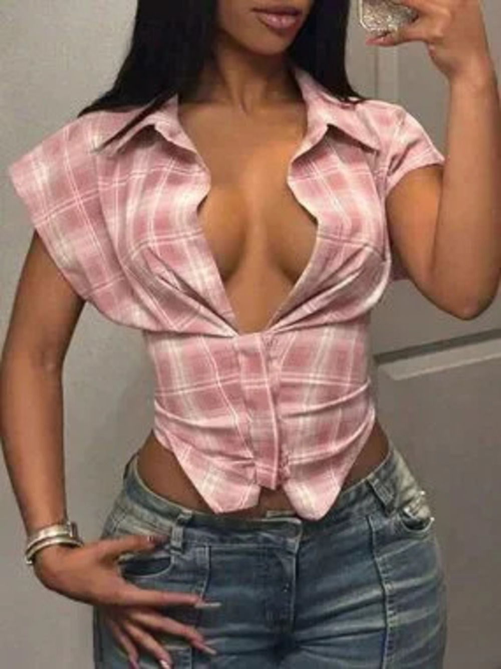 Pink Slim Fit Women's Casual Plaid print Button Front blouse Shirt